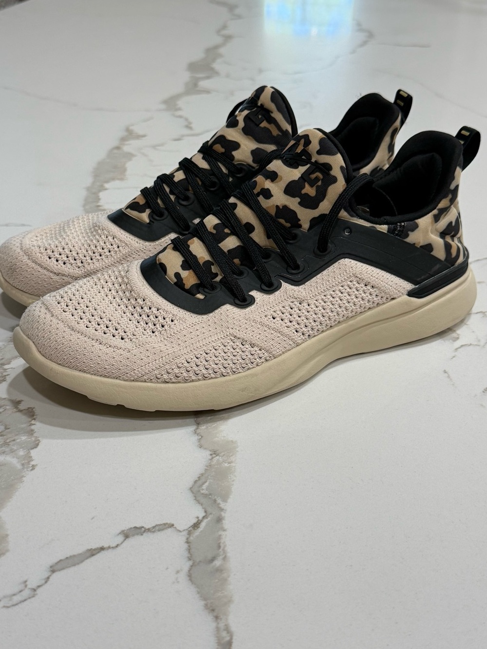 Women's APL Beige and Black Knit Sneaker with Leopard Accent, Size 9